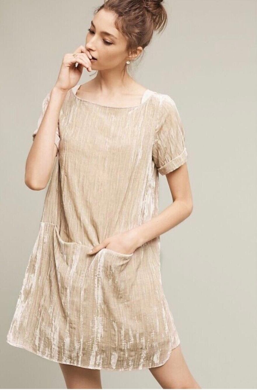 Floreat Anthropologie Nude Tan Crushed Velvet Mini T-Shirt Dress Whimsygoth
